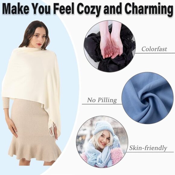 Women's  Scarf Pashmina Shawls and Wraps Winter Warm Silky Scarves -Off White - Picture 3 of 7